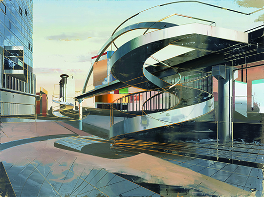 崔洁，《双井桥的天桥》，2014年，布面油画，150 × 200厘米