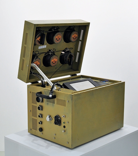 Aaajiao, Poor Mining, 2011 Computer components, speakers, metal material, PMMA 65 x 40 x 47cm 