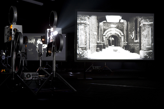 Yang Fudong, Dawn Mist, Separation Faith, 2009, 35 mm black & white film on nine freestanding screens, 3 x 1.8 m each