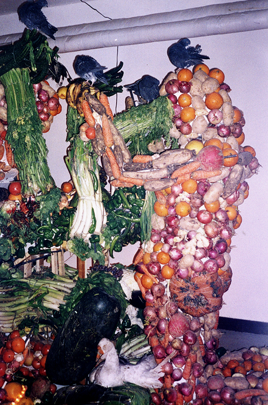 乌尔善, 《聚集》, 1999年, 水果、蔬菜、鸽子, 尺寸可变 90年代展览的地下状态，开展后随时可能被查封……这些客观条, 件也使得艺术家更多重视对现场效果的强化，而不是阐释作品的意, 义，这在“后感性：异形与妄想”和“超市展”中带有鲜明的反映。