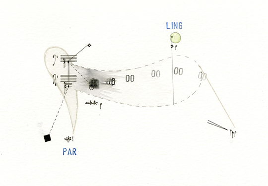 《田园音乐研究草图（HK-91）》，2015年，纸上铅笔，墨水，水彩，塑形膏，20 × 29 厘米